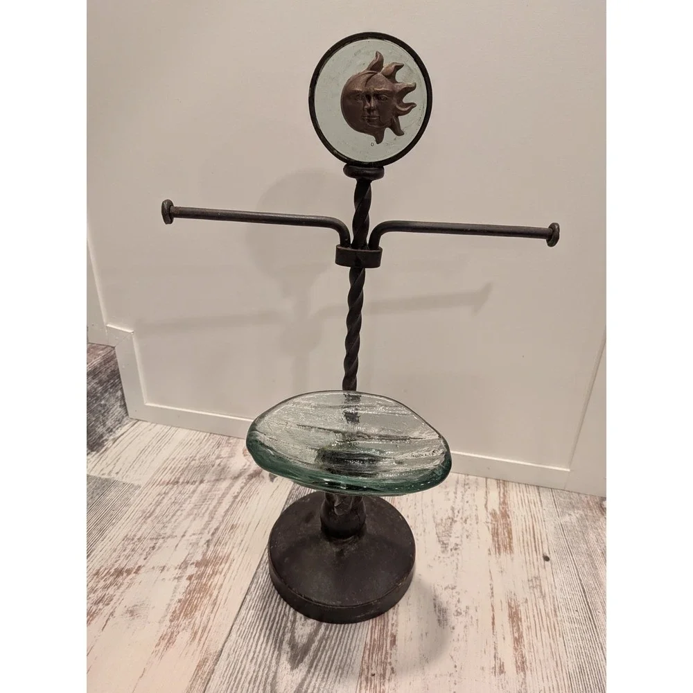 Rustic Countertop Forged Iron Hand Towel Holder Glass Soap Dish Sun Moon Emblem